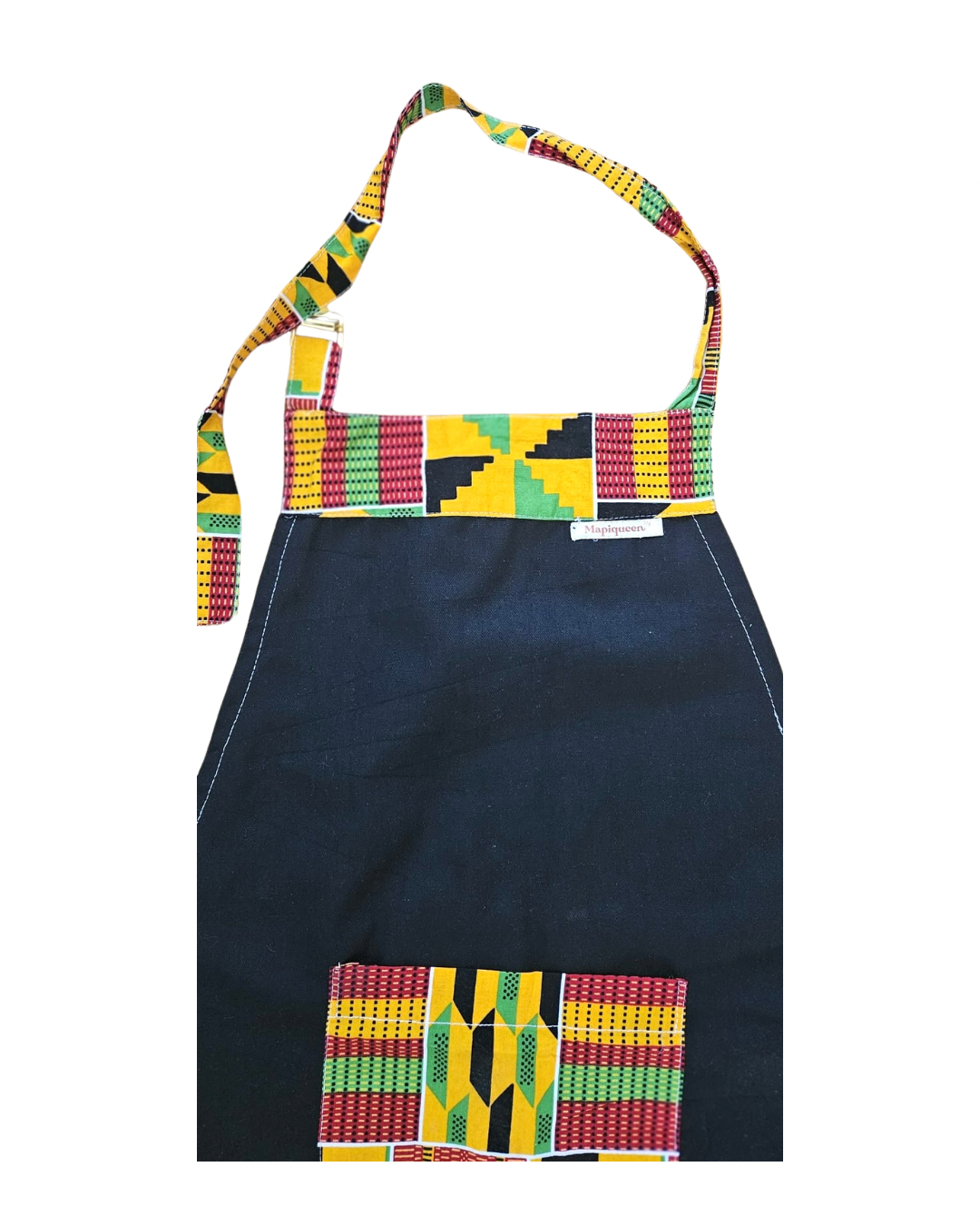Black Cotton Apron with Kente Fabric